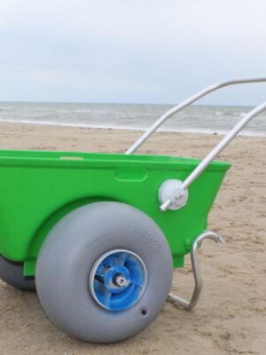 A heavy duty two wheeled cart designed to go on the beach